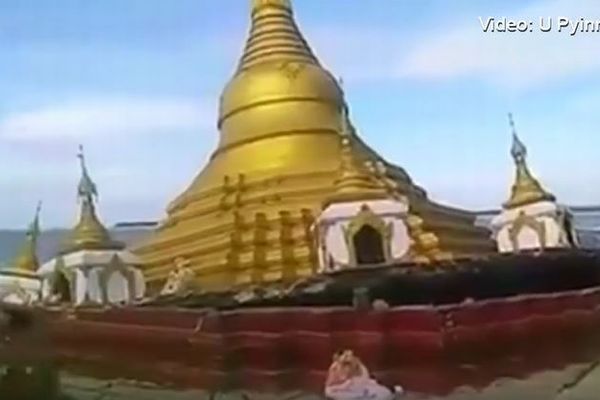 ミャンマーで洪水により巨大な仏塔が川に飲み込まれる姿が撮影される【動画】