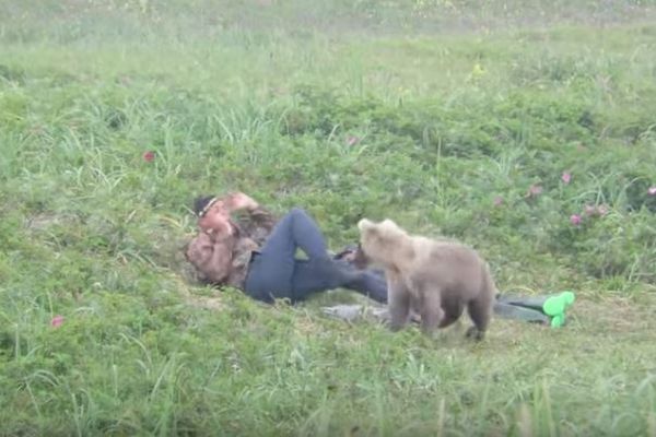 ちょっと驚き過ぎ？ロシアで草の上に眠っていた男性ら、子熊に起こされびっくり