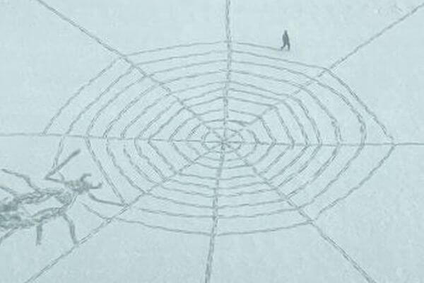 降り積もった雪に巨大なクモの巣が出現、ある男性が足だけで描く