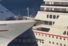 2隻の豪華客船が衝突、後部の窓が粉砕される様子を別の船から撮影