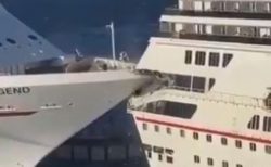 2隻の豪華客船が衝突、後部の窓が粉砕される様子を別の船から撮影
