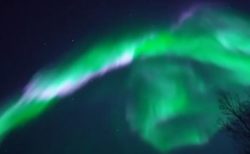 ノルウェーに出現したオーロラ、緑と白、ピンクの光のコラボが美しい