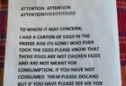 職場で卵を盗まれた女性、犯人へのメッセージが秀逸