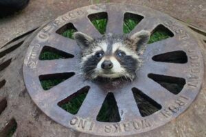 マンホールの穴にアライグマ、なかなか抜けずに消防士も困惑