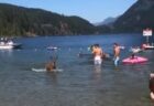 カナダの湖の中から突然、シカが出現、岸辺で泳いでいた人々もびっくり