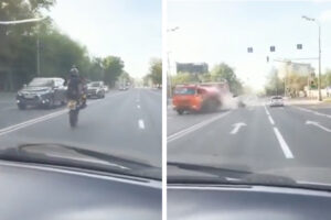 痛すぎる教訓、危険運転のバイクがタンクローリーと衝突【閲覧注意】