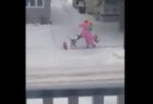 ピンク色のユニコーンを着て雪かきをする男性が、通りで目撃される
