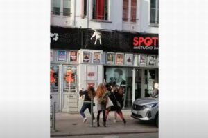 2階の窓からハスキー犬が突然落下、通行人もびっくり！