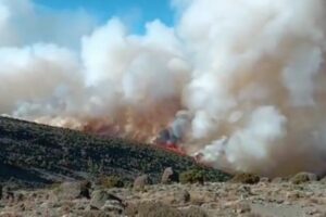 キリマンジャロで山火事が発生、炎が草木を食い荒らす