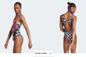 アディダスの公式オンラインショップで、男が女性水着のモデルになっていると物議に