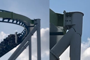 巨大ジェットコースターの支柱にヒビ、車両通過でぐらぐら揺れる様子が恐ろしい