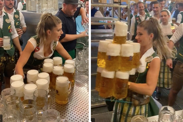 特大ビールジョッキ13個を、一度に運ぶドイツのウエイトレスが凄い