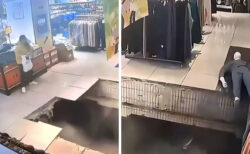 中国でショッピングセンターの床が崩落、客が吸い込まれる様子を監視カメラが捉えた