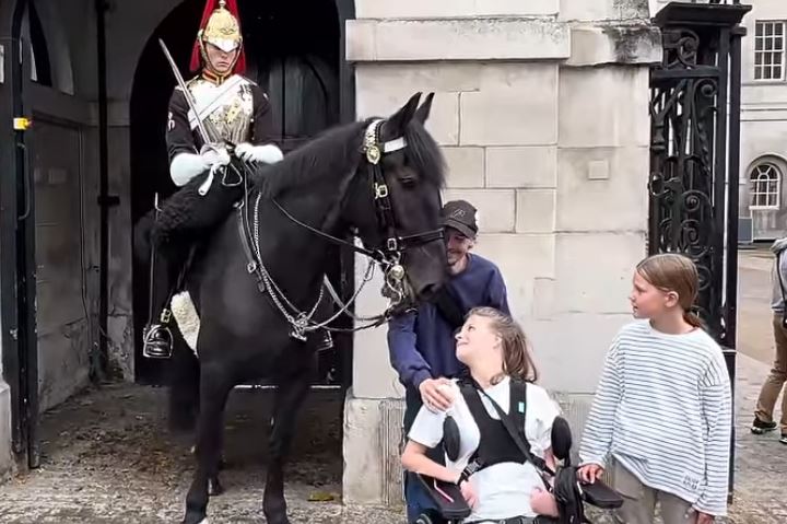 心温まる場面、イギリスの衛兵が車椅子の女性に馬を近づけ、喜ばせる【動画】