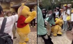 上海のディズニーランドで、クマのプーさんが客に強く頭を叩かれ、倒れる