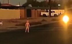 交通量の多い道路におむつを履いた幼児、対向車の接近に女性が悲鳴！【動画】