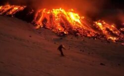 溶岩が噴き出す火山で、恐れ知らずのスキーヤーが滑走【動画】