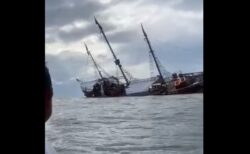 コロンブスのサンタ・マリア号を再現した木造船が、リアルで沈没