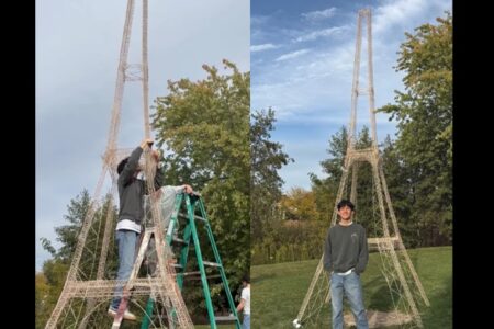 爪楊枝で作った高さ5.24mのエッフェル塔、ギネス世界記録に