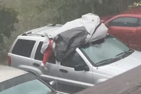 フロリダ州の男性、雹から車を守るために自らを犠牲にする【動画】
