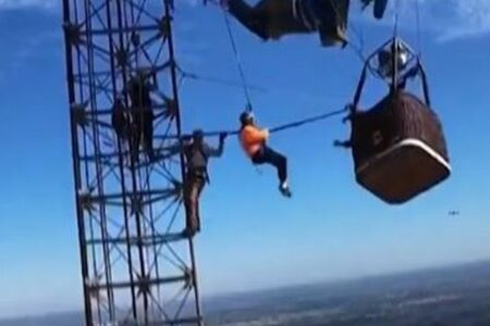 気球が塔に引っ掛かり、消防隊員が高さ270mで2人を救出【動画】