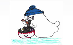 小学生が描いた「ラーメンを食べるアザラシ」が、NYスーパーのグッズロゴに採用される