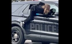 手錠をかけられた女性がパトカーの窓から脱走する様子が撮影される