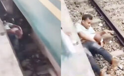 線路に落ちた子供を守り、通過する列車の下に身を伏せる父親の映像がドラマチック