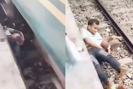線路に落ちた子供を守り、通過する列車の下に身を伏せる父親の映像がドラマチック