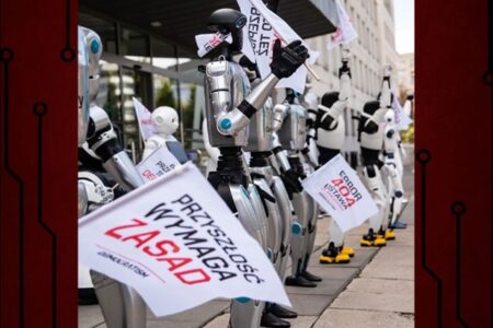 「職場を守れ！」ロボット約30台がAI規制を求めてデモ行進