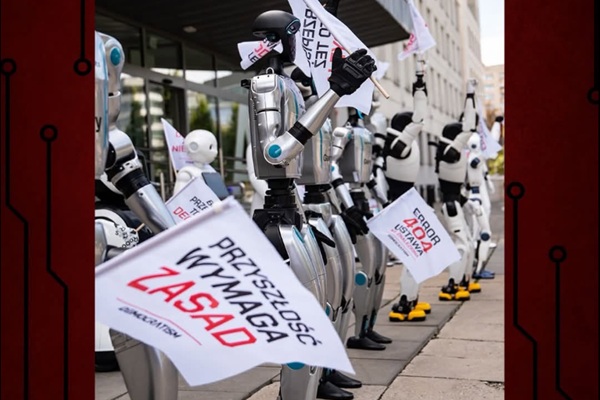 「職場を守れ！」ロボット約30台がAI規制を求めてデモ行進